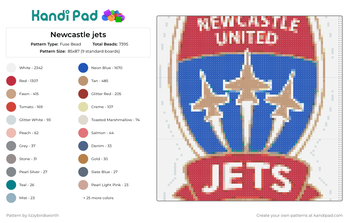 Newcastle jets - Fuse Bead Pattern by lizzybirdsworth on Kandi Pad - newcastle united,jets,futbol club,soccer,sports,emblem,team,spirit,red,blue