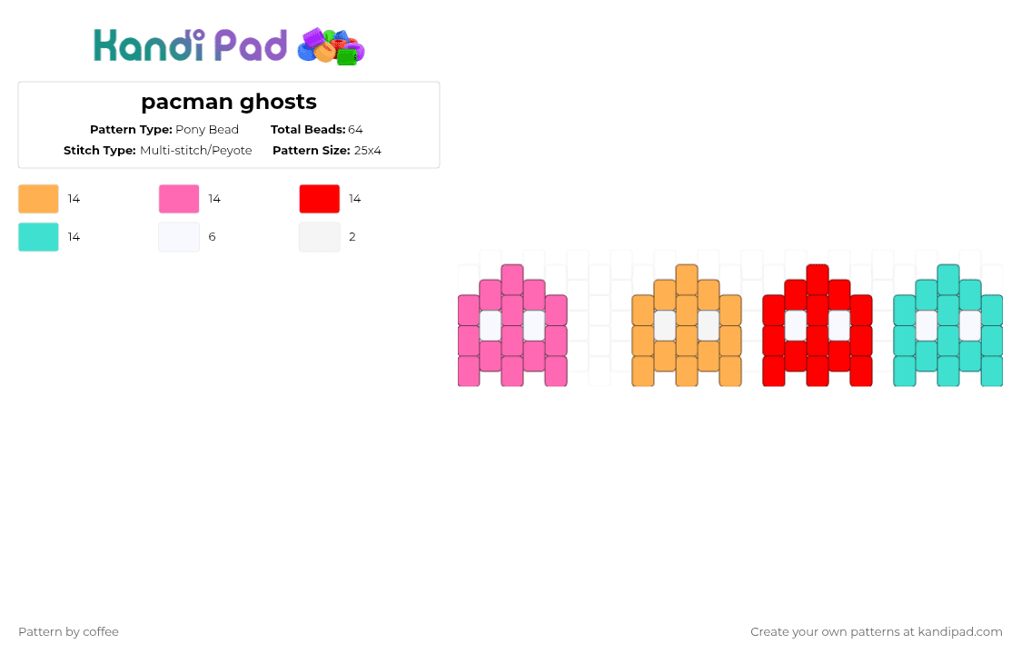 pacman ghosts - Pony Bead Pattern by coffee on Kandi Pad - orange,pink,red,light blue