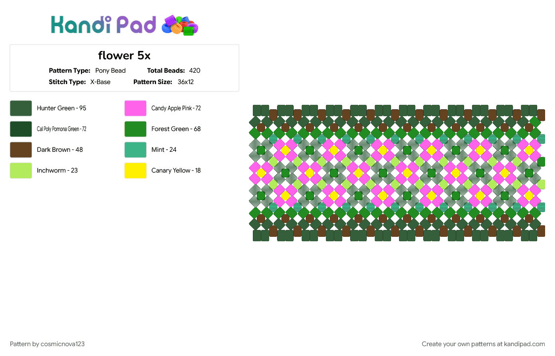 flower 5x - Pony Bead Pattern by cosmicnova123 on Kandi Pad - bloom, floral, flower, flowers, gray, green, nature, pink