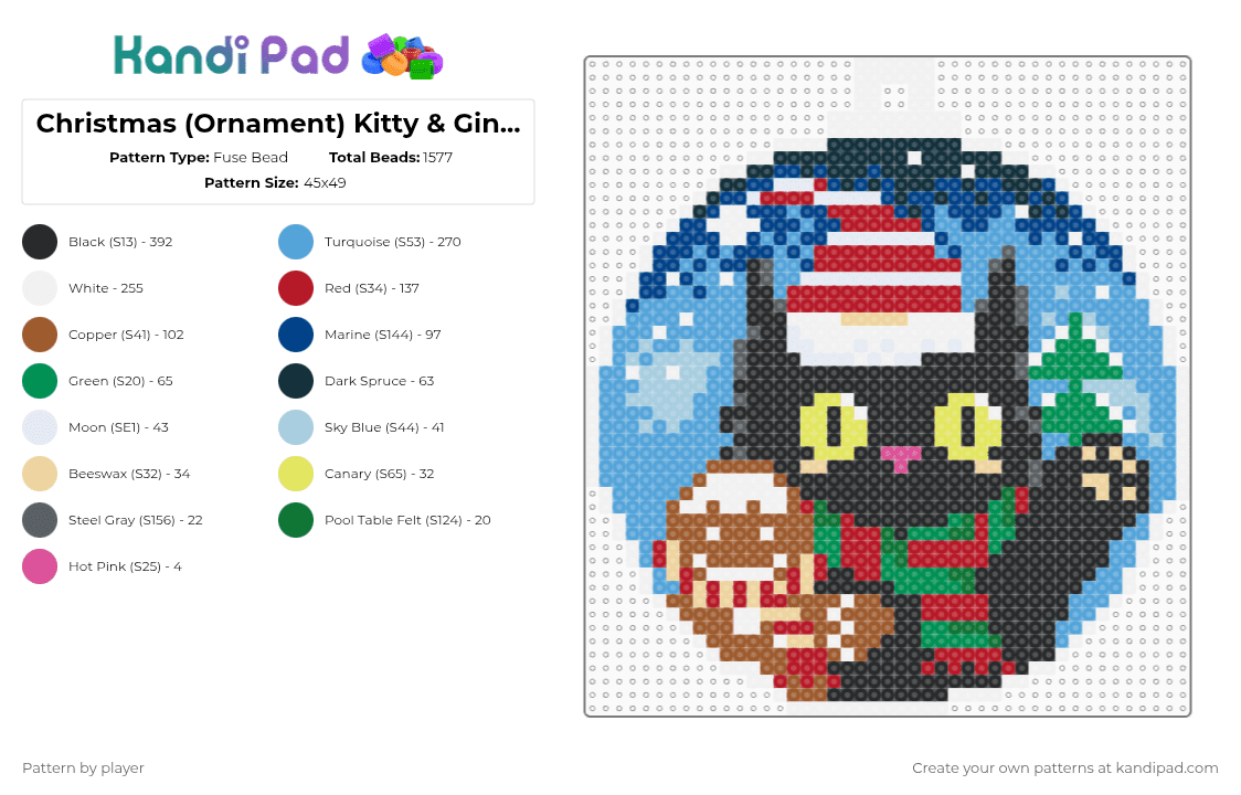 Christmas (Ornament) Kitty & Gingerbreadman - Fuse Bead Pattern by player on Kandi Pad - tan,blue,colorful,cat,christmas,gingerbreadman,ornament