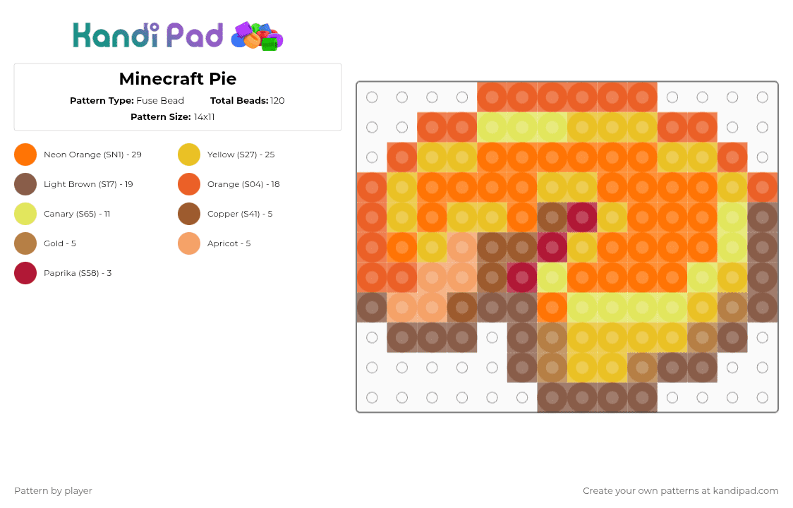 Minecraft Pie - Fuse Bead Pattern by player on Kandi Pad - orange,tan,yellow,minecraft,pie