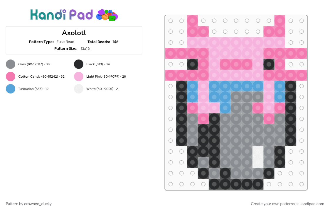 Axolotl - Fuse Bead Pattern by crowned_ducky on Kandi Pad - gray, pink