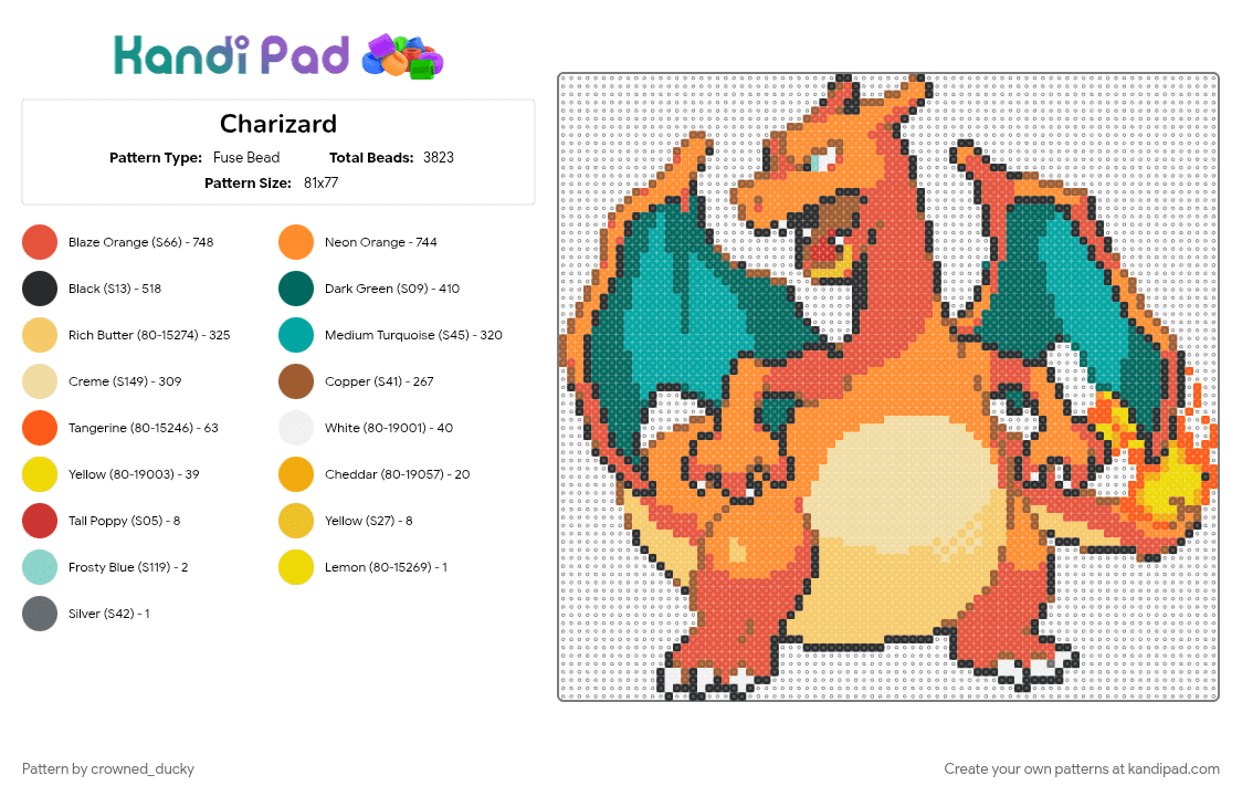 Charizard - Fuse Bead Pattern by crowned_ducky on Kandi Pad - orange, red, teal, yellow