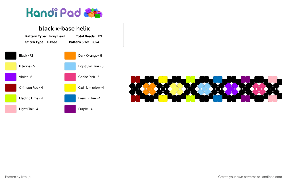 black x-base helix - Pony Bead Pattern by kitpup on Kandi Pad - black, pink, rainbow, x base, yellow
