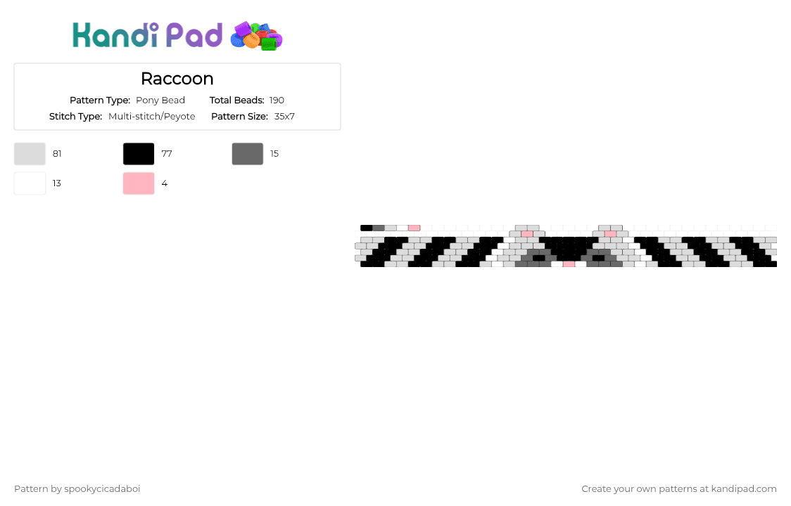 Raccoon - Pony Bead Pattern by spookycicadaboi on Kandi Pad - white,gray