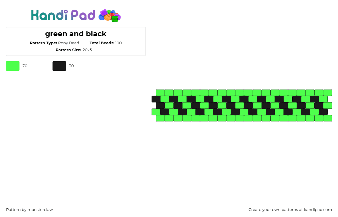 green and black - Pony Bead Pattern by monsterclaw on Kandi Pad - checkered,neon,disagonal,stripes,cuff,green,black