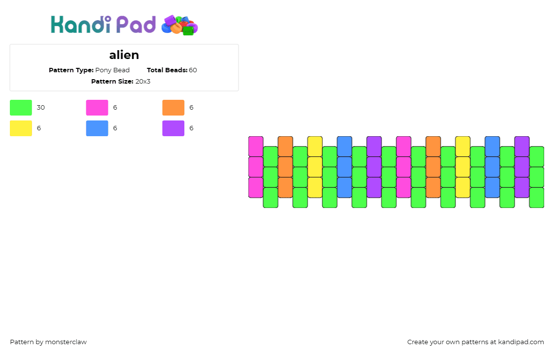 alien - Pony Bead Pattern by monsterclaw on Kandi Pad - vertical,stripes,alien,colorful,cuff,simple,green