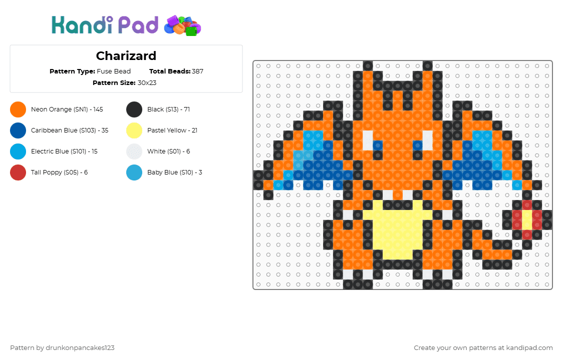 Charizard - Fuse Bead Pattern by drunkonpancakes123 on Kandi Pad - orange,charizard,dragon,fire,pokemon