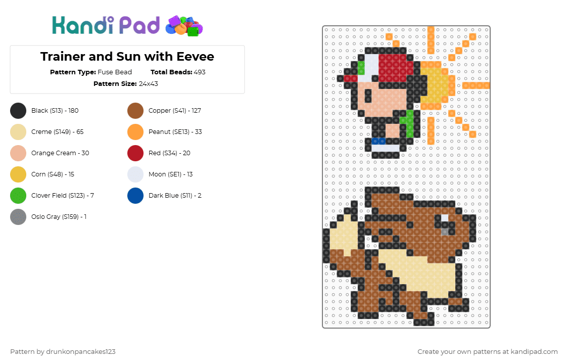 Trainer and Sun with Eevee - Fuse Bead Pattern by drunkonpancakes123 on Kandi Pad - tan,beige,stone,pokemon,eevee,espeon,daylight,sun,ash,red