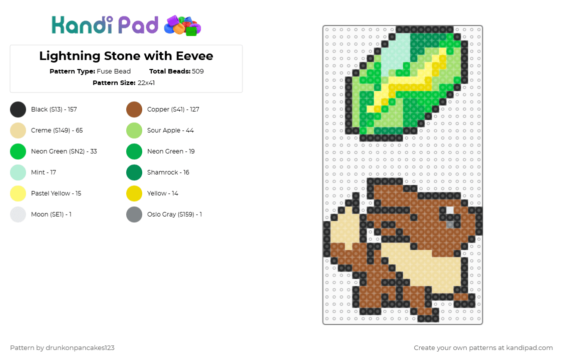 Lightning Stone with Eevee - Fuse Bead Pattern by drunkonpancakes123 on Kandi Pad - tan,beige,green,stone,pokemon,eevee,simple,remix,lightning,electric,jolteon