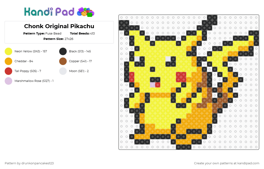 Chonk Original Pikachu - Fuse Bead Pattern by drunkonpancakes123 on Kandi Pad - yellow,orange,pikachu,pokemon,chonk,ash,red,fat,mouse