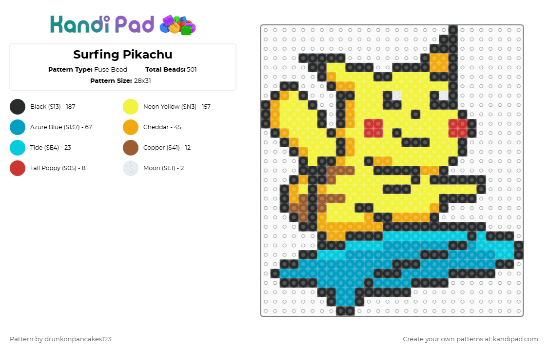 Surfing Pikachu - Fuse Bead Pattern by drunkonpancakes123 on Kandi Pad - yellow,light blue,pikachu,pokemon,surfing,surf,water,electric,lightning,meme