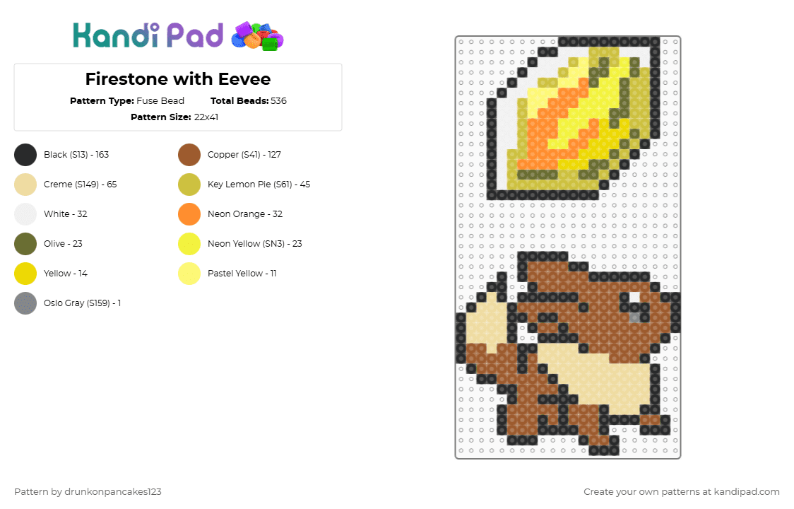 Firestone with Eevee - Fuse Bead Pattern by drunkonpancakes123 on Kandi Pad - yellow,beige,tan,fire,stone,pokemon,eevee,flareon,simple,remix