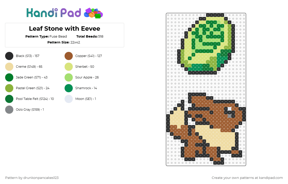 Leaf Stone with Eevee - Fuse Bead Pattern by drunkonpancakes123 on Kandi Pad - tan,green,stone,pokemon,eevee,simple,remix,leaf,grass,leafeon