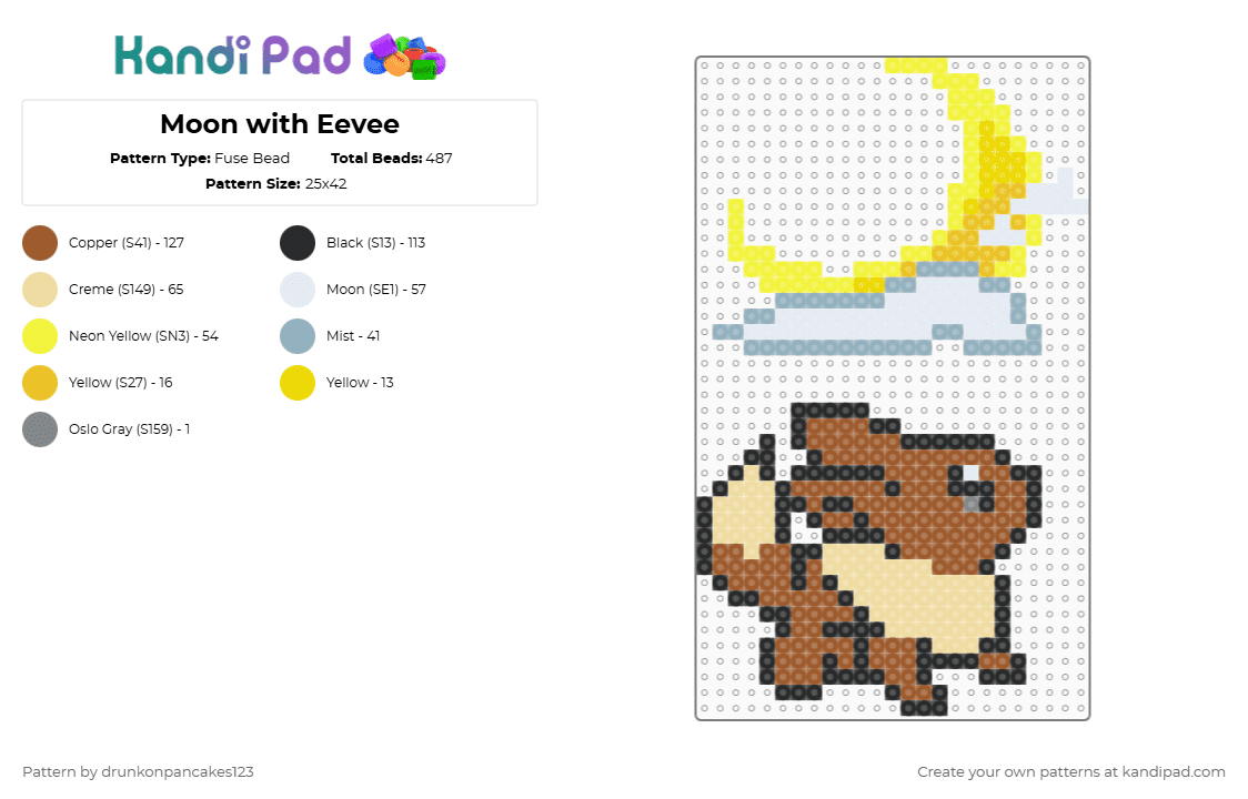 Moon with Eevee - Fuse Bead Pattern by drunkonpancakes123 on Kandi Pad - tan,beige,yellow,pokemon,eevee,moon,night,umbreon,dark,glow,stone