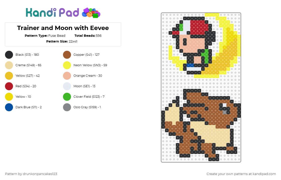 Trainer and Moon with Eevee - Fuse Bead Pattern by drunkonpancakes123 on Kandi Pad - tan,beige,yellow,pokemon,eevee,ash,red,moon,night,umbreon,dark