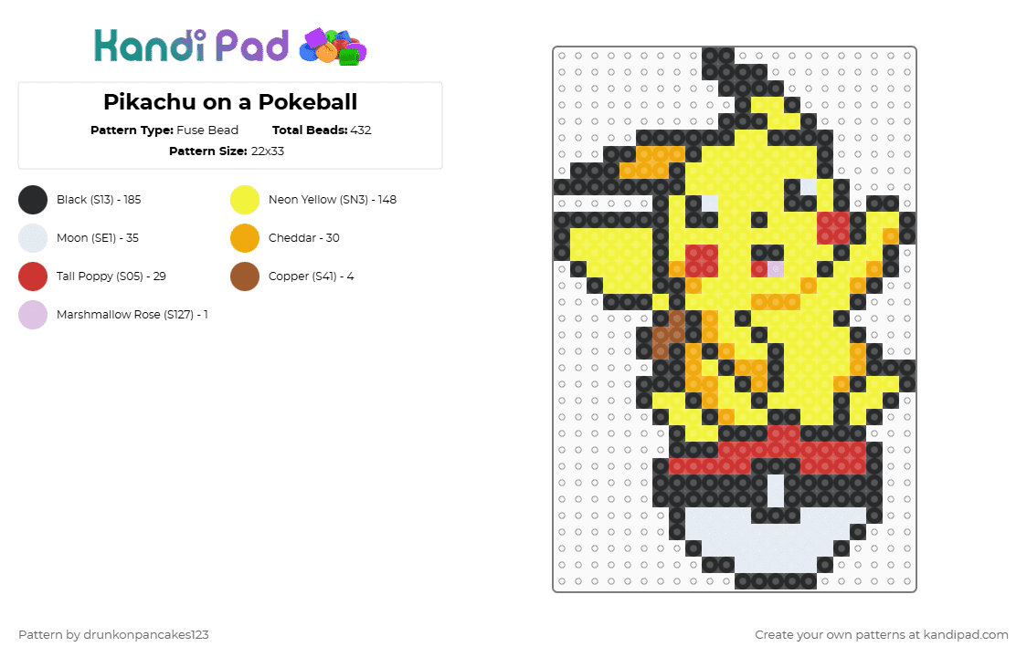 Pikachu on a Pokeball - Fuse Bead Pattern by drunkonpancakes123 on Kandi Pad - yellow,pikachu,pokemon,ash,red,mouse,ball,pokeball