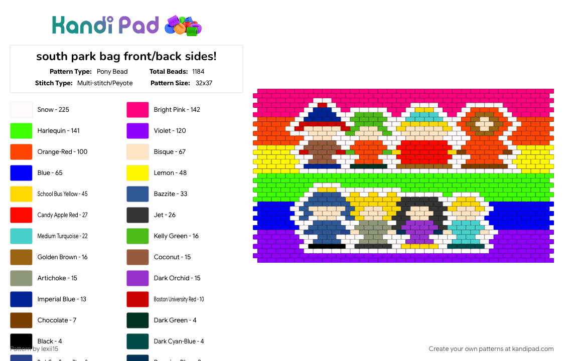 south park bag front/back sides! - Pony Bead Pattern by lexii15 on Kandi Pad - colorful, pink, purple, yellow