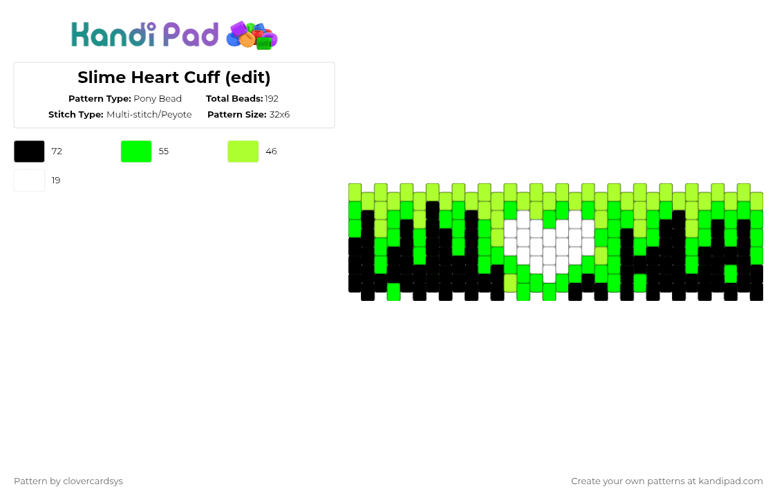 Slime Heart Cuff (edit) - Pony Bead Pattern by clovercardsys on Kandi Pad - green