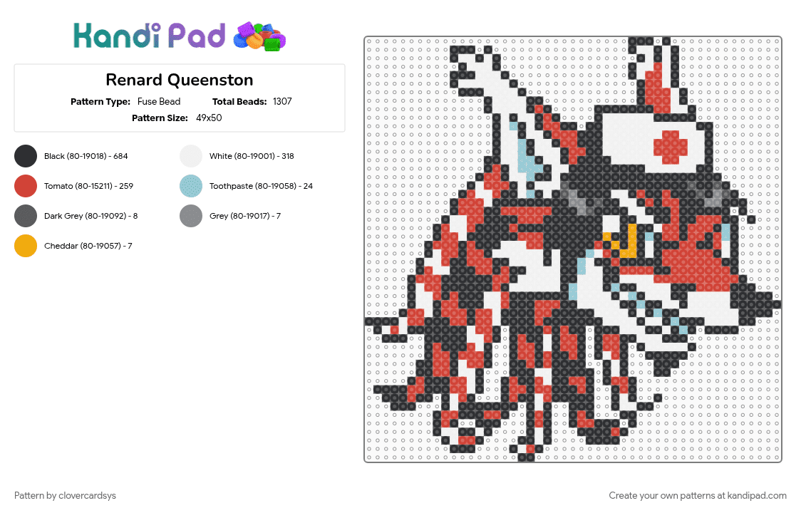 Renard Queenston - Fuse Bead Pattern by clovercardsys on Kandi Pad - black, breakcore, em essex, furry, halleylabs, lapfox, lapfoxtrax, queenstons, red, white