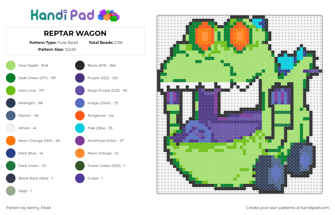 REPTAR WAGON - Fuse Bead Pattern by kenny_freak on Kandi Pad - reptar,rugrats,car,vehicle,dinosaur,cartoon,nostalgia,green,purple,orange