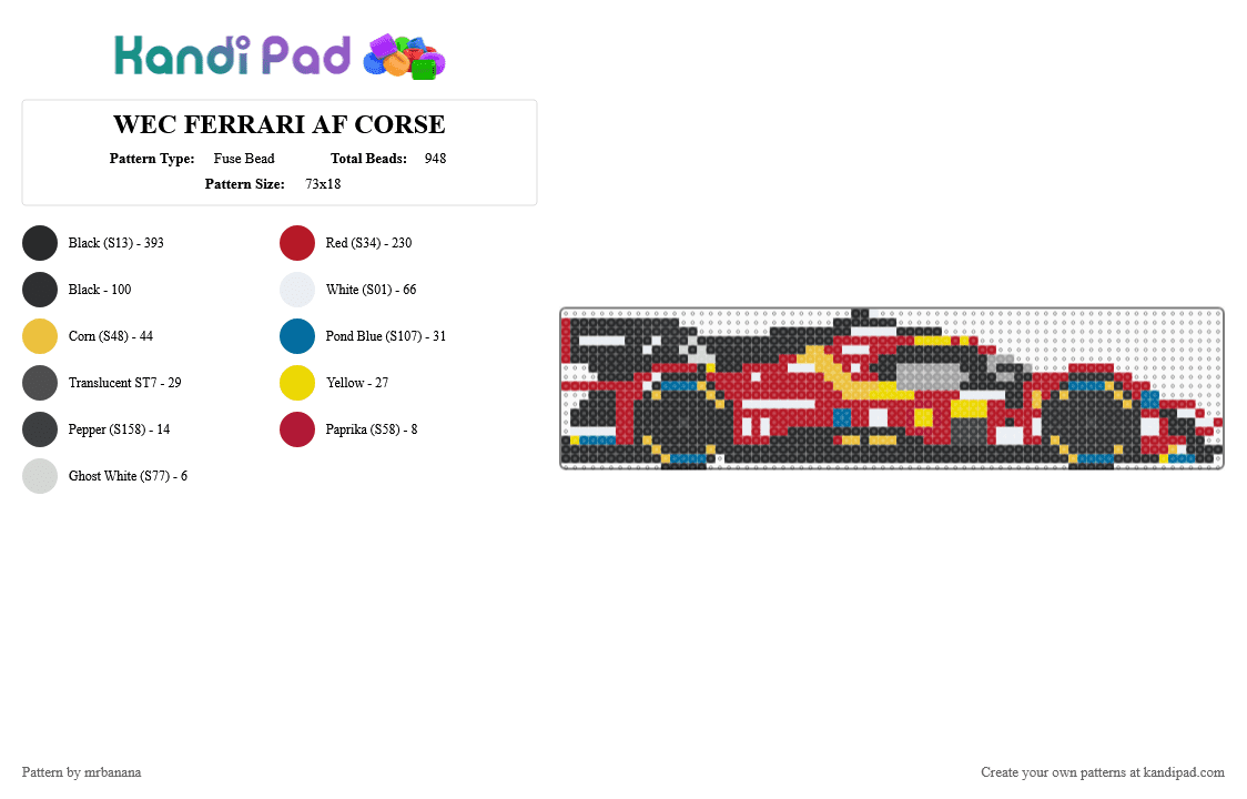 WEC FERRARI AF CORSE - Fuse Bead Pattern by mrbanana on Kandi Pad - black,red,ferrari af corse,ferrari,wec,worldendurenceracing,cars,car,world endurence championship,racing