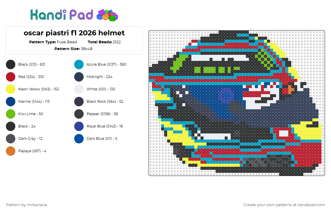 oscar piastri f1 2026 helmet - Fuse Bead Pattern by mrbanana on Kandi Pad - purple,light blue,red,yellow,mclaren,f1,oscarpiastri,formula1,formulaone,f 1,formula 1