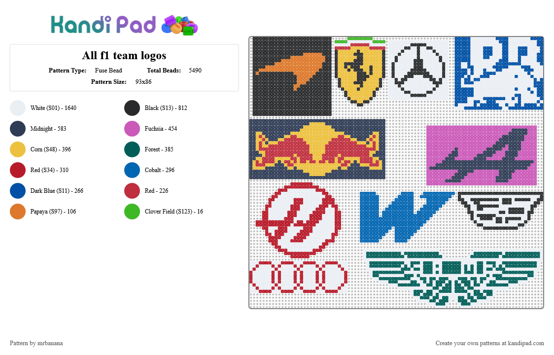All f1 team logos - Fuse Bead Pattern by mrbanana on Kandi Pad - yellow,pink,blue,colorful,f1,racing,formula1,formulaone,logo,motorsport,car,cars