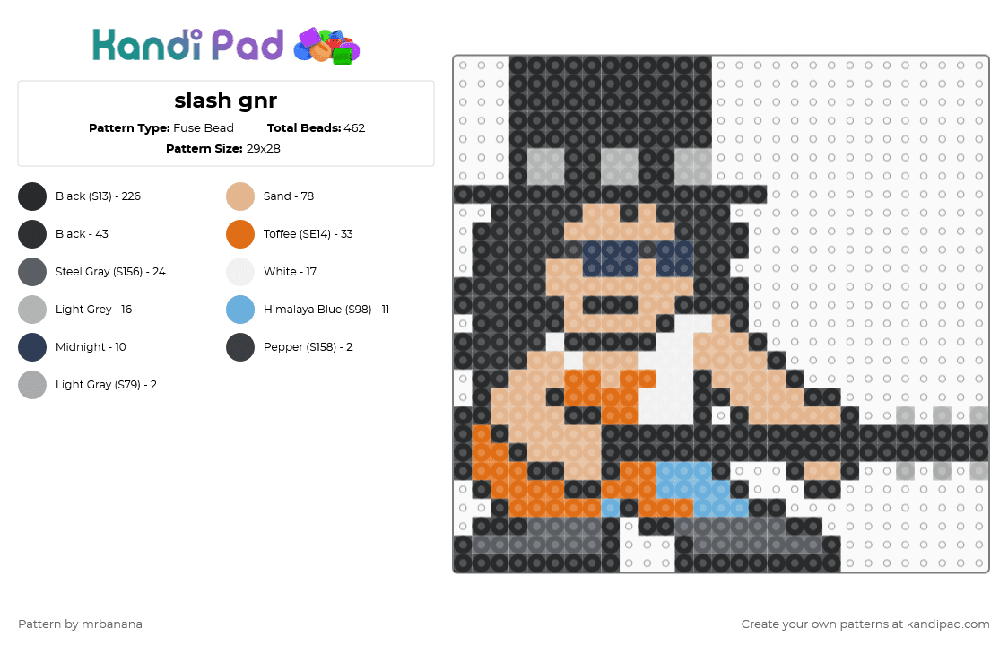 slash (Saul Hudson) gnr - Fuse Bead Pattern by mrbanana on Kandi Pad - black,beige,orange