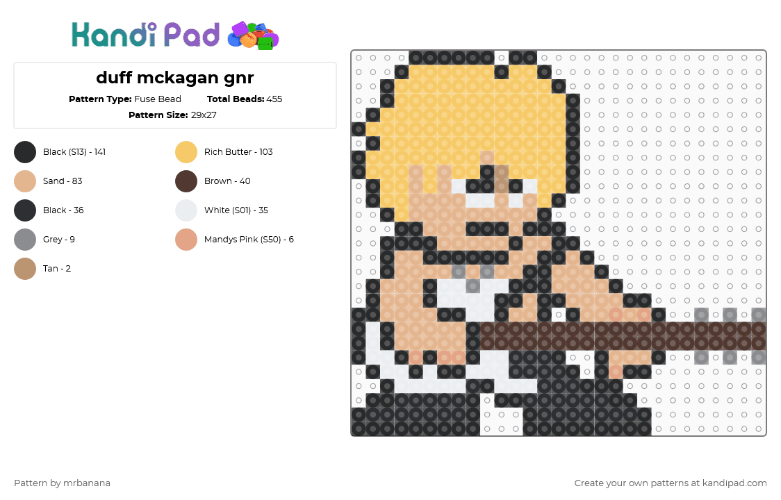 duff mckagan gnr - Fuse Bead Pattern by mrbanana on Kandi Pad - beige,yellow,guns n roses,gnr,gunsnroses,rock,duff,mckagan,rocknroll,rock n roll