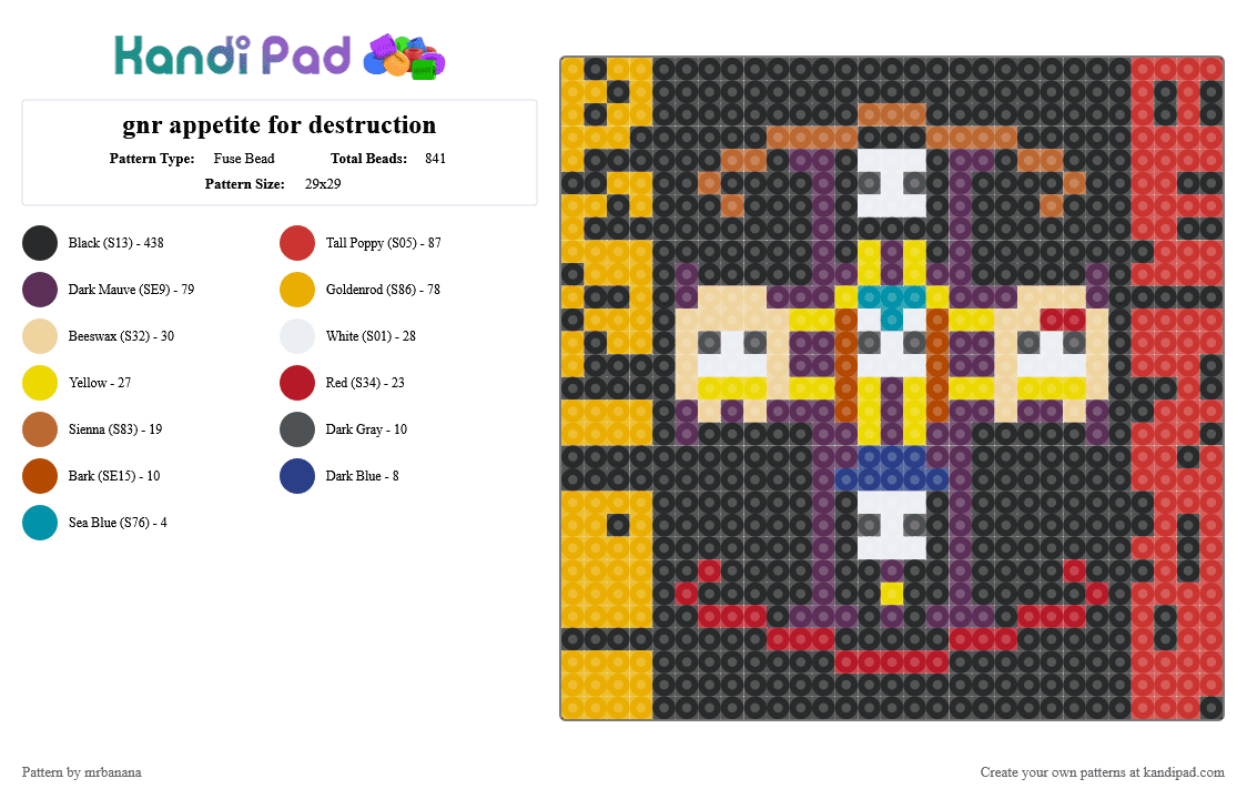gnr appetite for destruction - Fuse Bead Pattern by mrbanana on Kandi Pad - album, black, gnr, gunsandroses, gunsnroses, music, orange, pink, red, rock, rockandroll, rocknroll