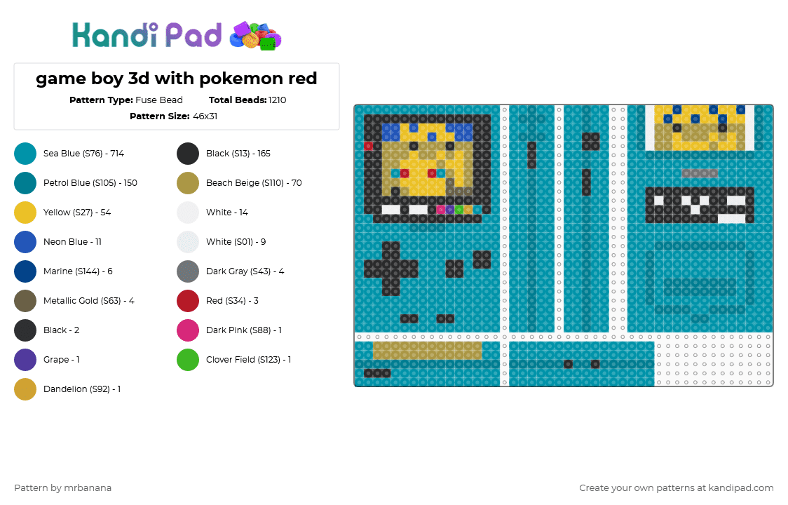 game boy 3d with pokemon red - Fuse Bead Pattern by mrbanana on Kandi Pad - teal,pokemon,gameboy,game,nintendo,retro,3d,videogame,charizard