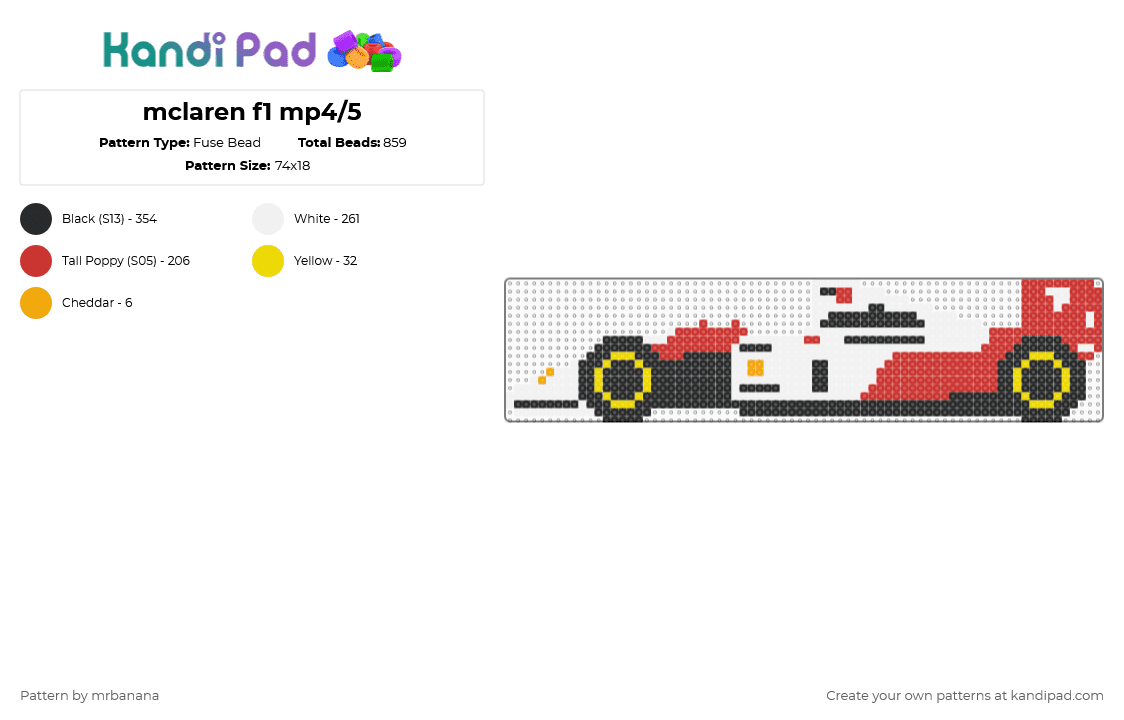 mclaren f1 mp4/5 - Fuse Bead Pattern by mrbanana on Kandi Pad - white,red,f1,formula1,formulaone,racing,mclaren,ayrton senna,retro,honda