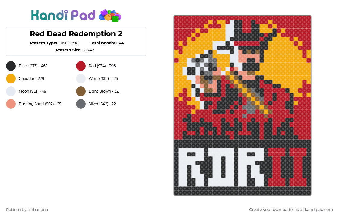 Red Dead Redemption 2 - Fuse Bead Pattern by mrbanana on Kandi Pad - orange,red,rdr2,reddeadredemption,red dead redemption,red dead,red dead redemption 2,wild west,videogame,video game