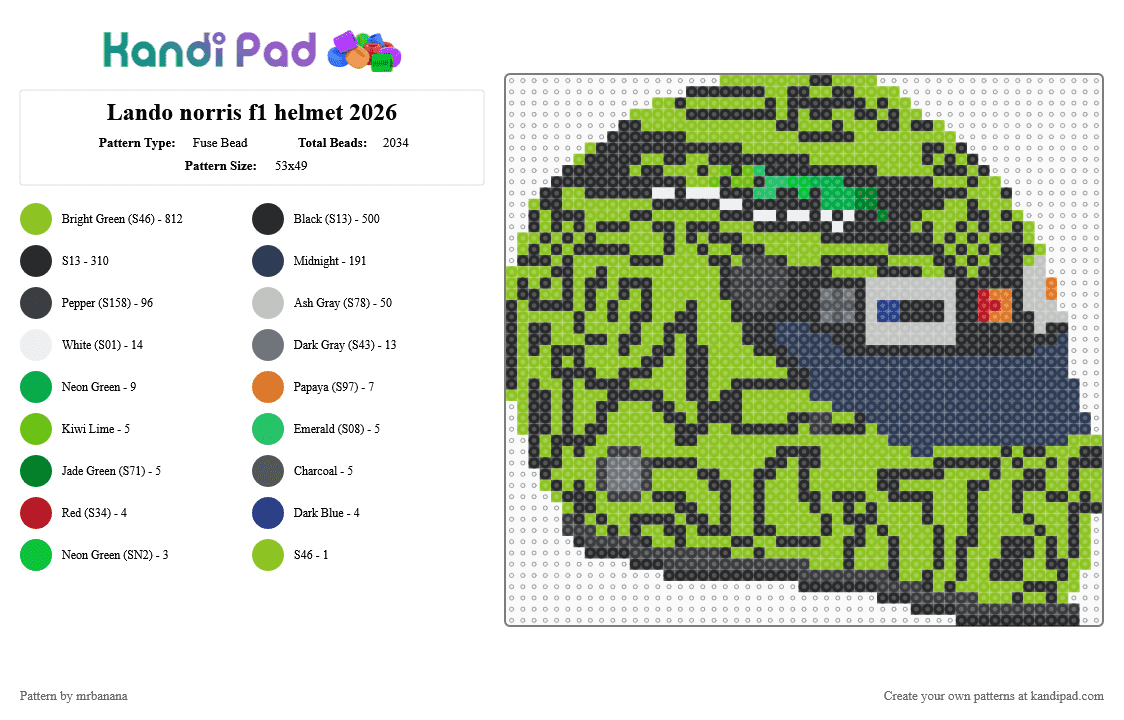 Lando norris f1 helmet 2026 - Fuse Bead Pattern by mrbanana on Kandi Pad - black,green,purple,f1,formulaone,formula 1,f 1,lando norris,mclaren,landonorris,ln4