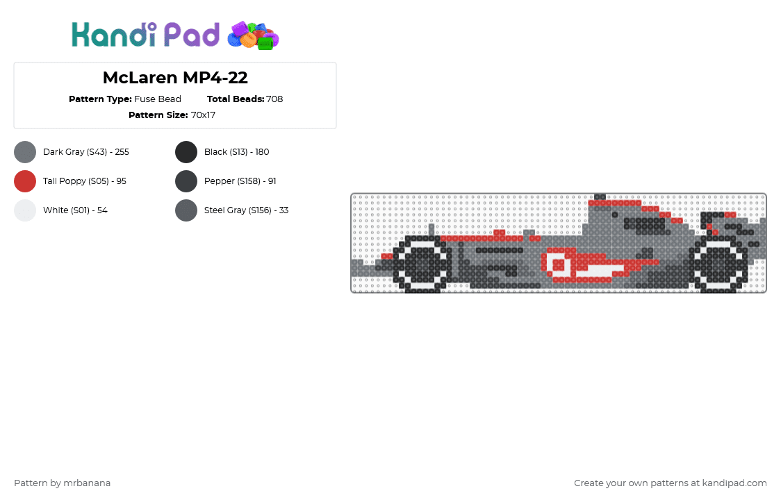 F1 McLaren MP4-22 - Fuse Bead Pattern by mrbanana on Kandi Pad - gray,f1,mclaren,formula1,formulaone,lewis hamilton,car,racing,formula 1