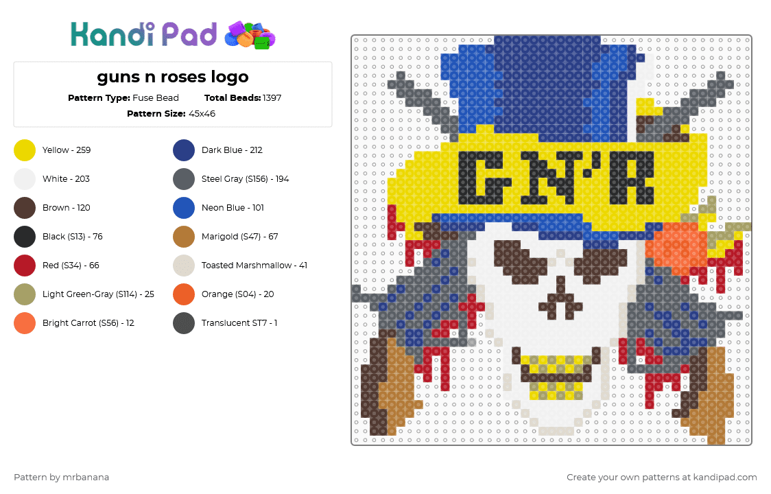guns n roses logo - Fuse Bead Pattern by mrbanana on Kandi Pad - blue,gray,brown,yellow,gnr,guns n roses,gunsnroses,rock,rocknroll,rock n roll,rock and roll,rockandroll