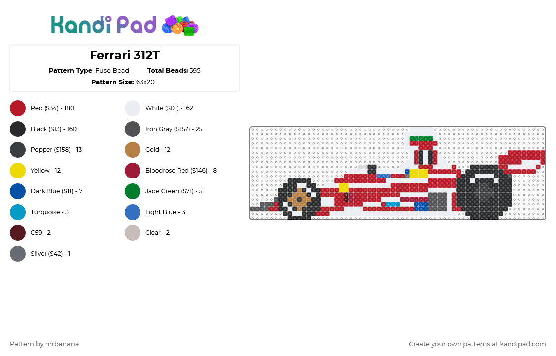 F1 Ferrari 312T - Fuse Bead Pattern by mrbanana on Kandi Pad - white,purple,red,ferrari,f1,formula1,formulaone,cars,car,formula 1,formula one