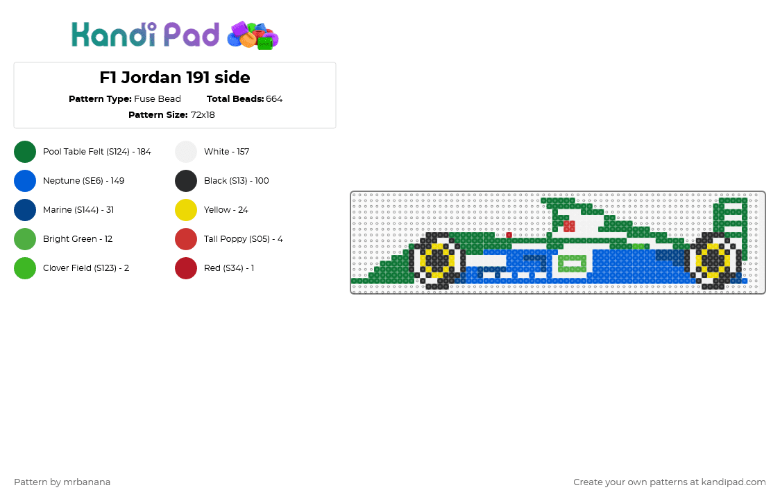 F1 Jordan 191 - Fuse Bead Pattern by mrbanana on Kandi Pad - green,blue,f1,formula1,formula 1,formulaone,formula one,michael schumacher,car,cars