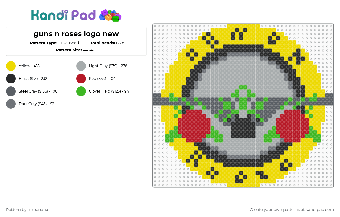 guns n roses logo new - Fuse Bead Pattern by mrbanana on Kandi Pad - yellow,gray,gnr,rock,gunsnroses,guns n roses,rocknroll,rock and roll,rock n roll,rockandroll