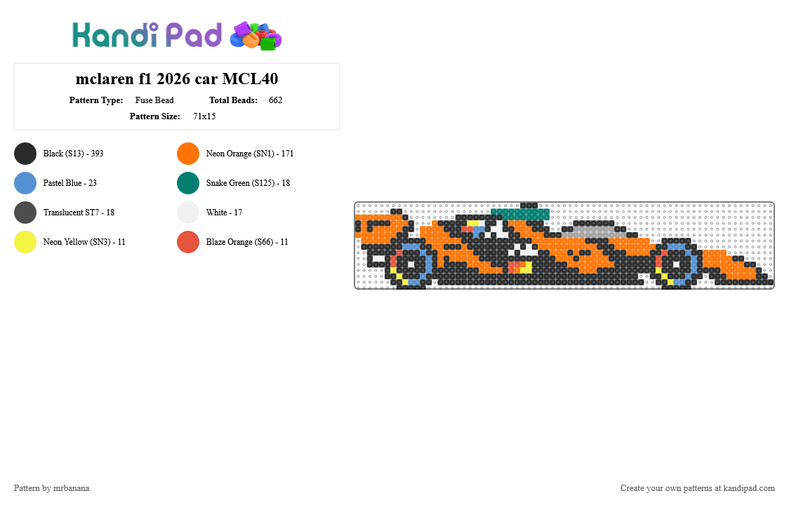 mclaren f1 2026 car MCL40 - Fuse Bead Pattern by mrbanana on Kandi Pad - black,orange,mcl40,mclaren,f1,landonorris,oscarpiastri,lando,norris,formula1