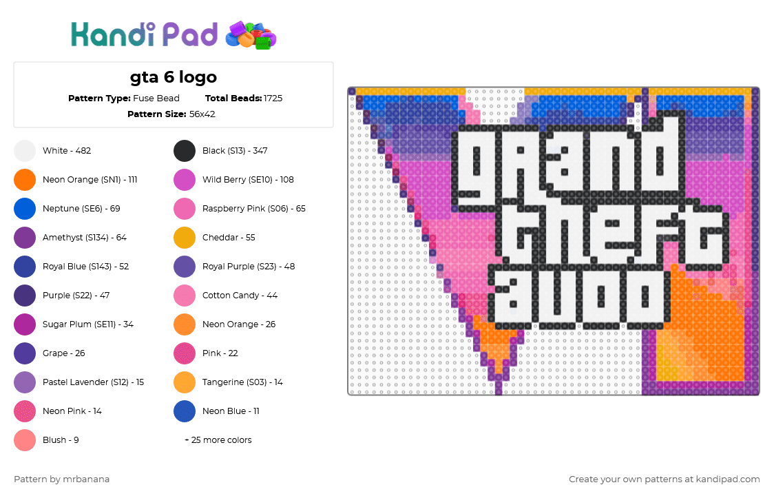 gta 6 logo - Fuse Bead Pattern by mrbanana on Kandi Pad - purple,orange,pink,gta,gta6,grandtheftauto,grand theft auto,gta 6,grand theft auto 6,playstation,xbox