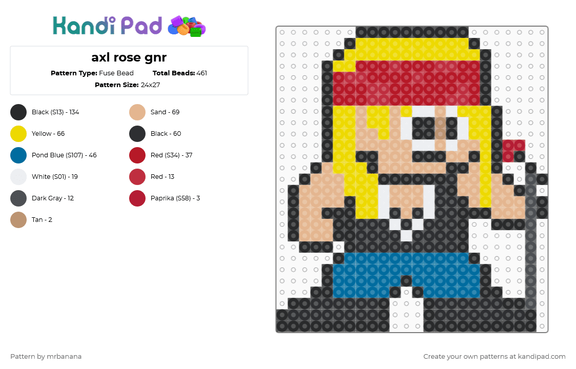 axl rose gnr - Fuse Bead Pattern by mrbanana on Kandi Pad - axl, beige, blue, gnr, guns n roses, gunsnroses, red, rock, rock n roll, rocknroll, rose, yellow