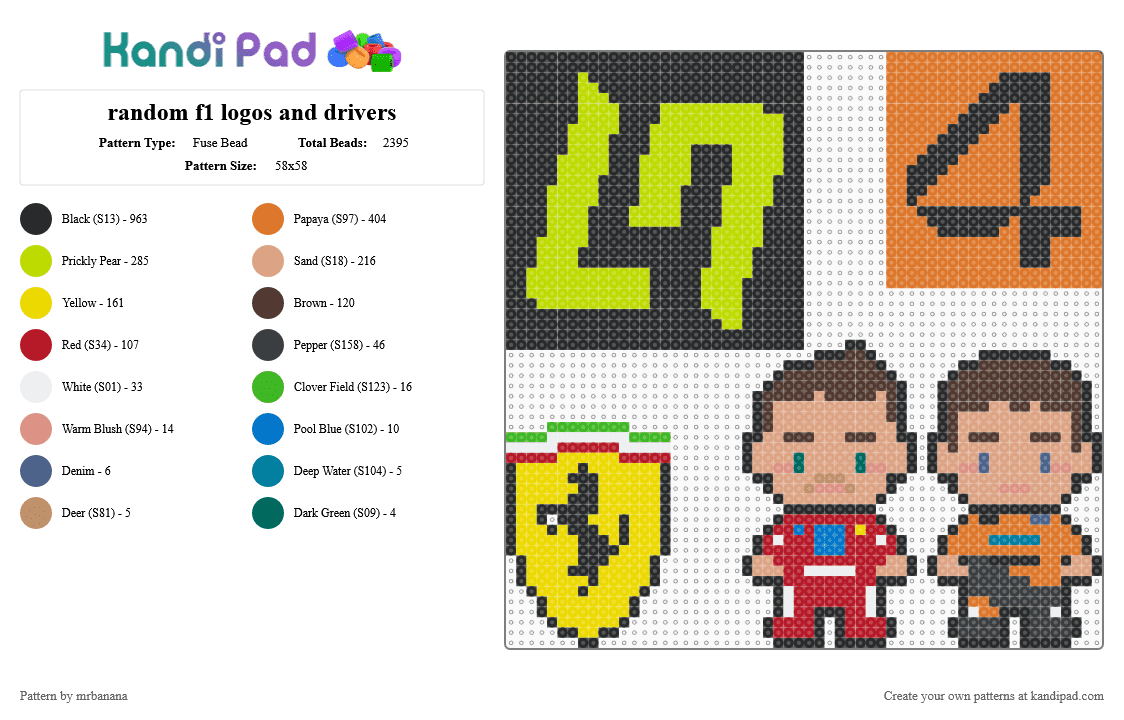 random f1 logos and drivers - Fuse Bead Pattern by mrbanana on Kandi Pad - black,orange,green,beige,colorful