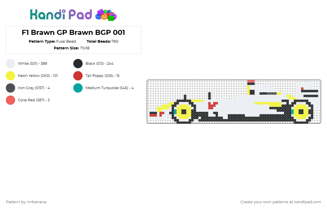F1 Brawn GP Brawn BGP 001 - Fuse Bead Pattern by mrbanana on Kandi Pad - white,yellow,brawn bgp 001,f1,formula1,formulaone,car,cars,brawn gp,jenson button