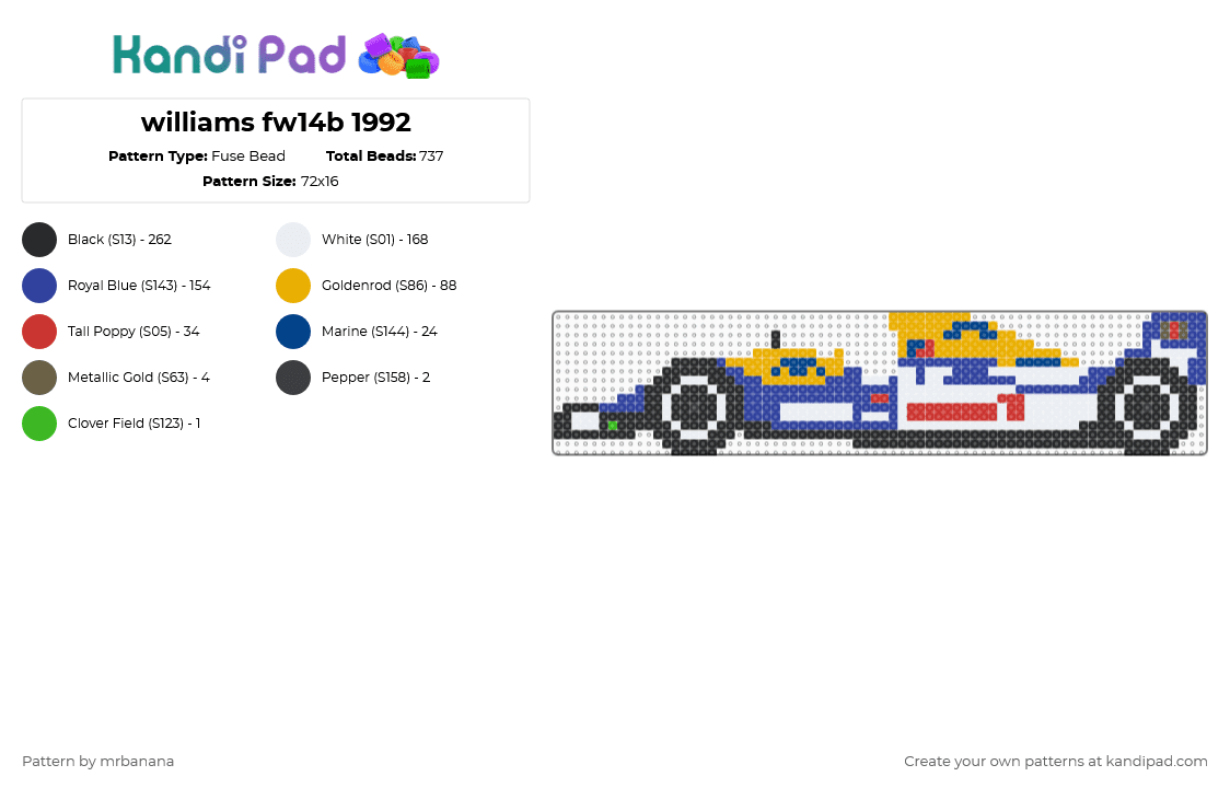 F1 williams fw14b 1992 - Fuse Bead Pattern by mrbanana on Kandi Pad - purple,orange,f1,formula1,formulaone,williams,racing,retro,cars,nigelmansell