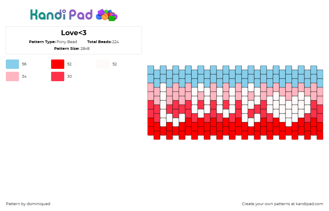 Love<3 - Pony Bead Pattern by dominiqued on Kandi Pad - love,heart,cuff,affection,valentine,romance,pattern,gradient,interlocking,red