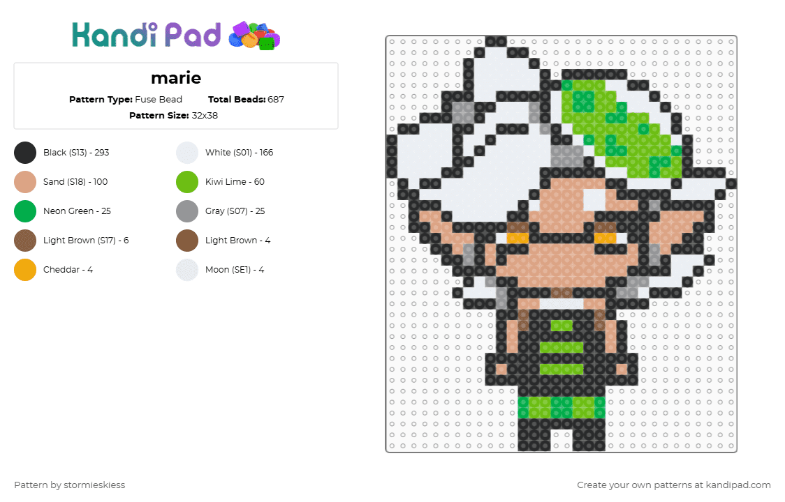 marie - Fuse Bead Pattern by stormieskiess on Kandi Pad - white,green,beige,splatoon