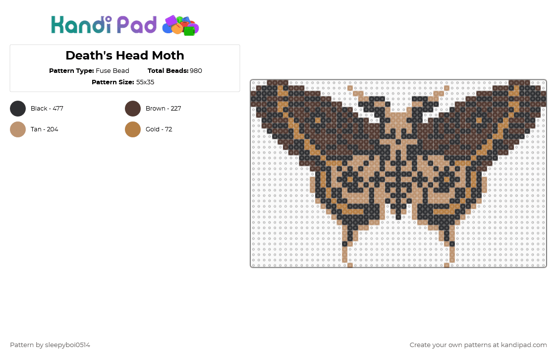 Death\'s Head Moth - Fuse Bead Pattern by sleepyboi0514 on Kandi Pad - brown,beige,moth,death,bug,creepy,horror,deaths head moth,spooky,scary