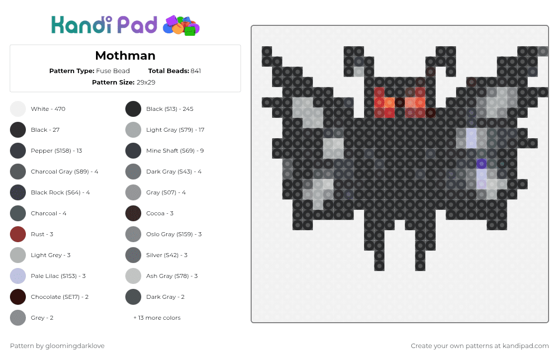 Mothman - Fuse Bead Pattern by gloomingdarklove on Kandi Pad - white,gray,mothman,terror,monster
